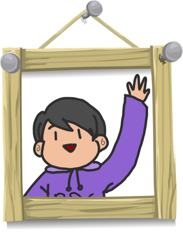 a drawing with a white background of Ro, a short- and dark-haired individual wearing a purple hoodie and raising one arm in a wave. the drawing is in a light wood frame and hanging onto a nail by a string